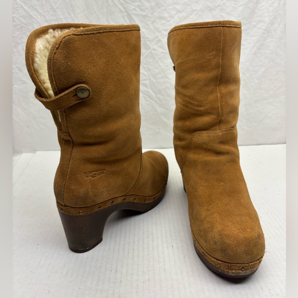 UGG Chestnut Suede Shearling-Lined Mid-Calf Heel Boots, SZ 8, box 21